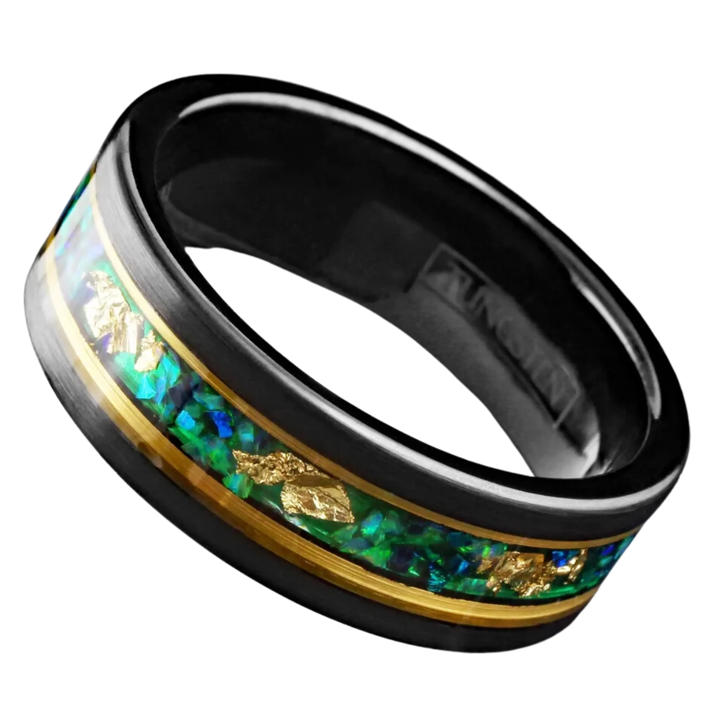 Mens Engagement Style Ring | Unique Green Opal w/ Gold Foil Leaf | Minimalist Ring Band for Boys | Statement Rings | 8mm Width