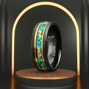 Mens Engagement Style Ring | Unique Green Opal w/ Gold Foil Leaf | Minimalist Ring Band for Boys | Statement Rings | 8mm Width
