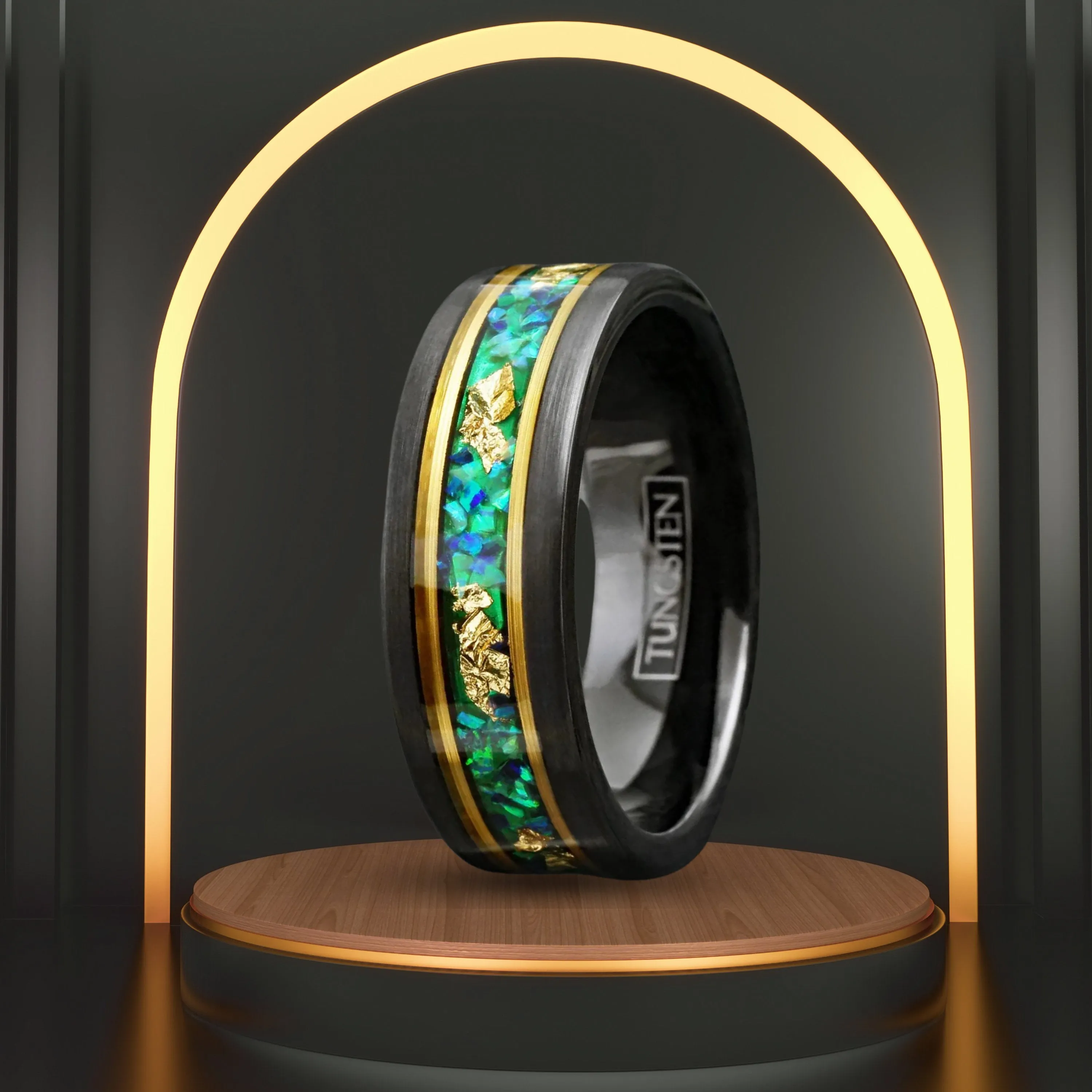 Mens Engagement Style Ring | Unique Green Opal w/ Gold Foil Leaf | Minimalist Ring Band for Boys | Statement Rings | 8mm Width