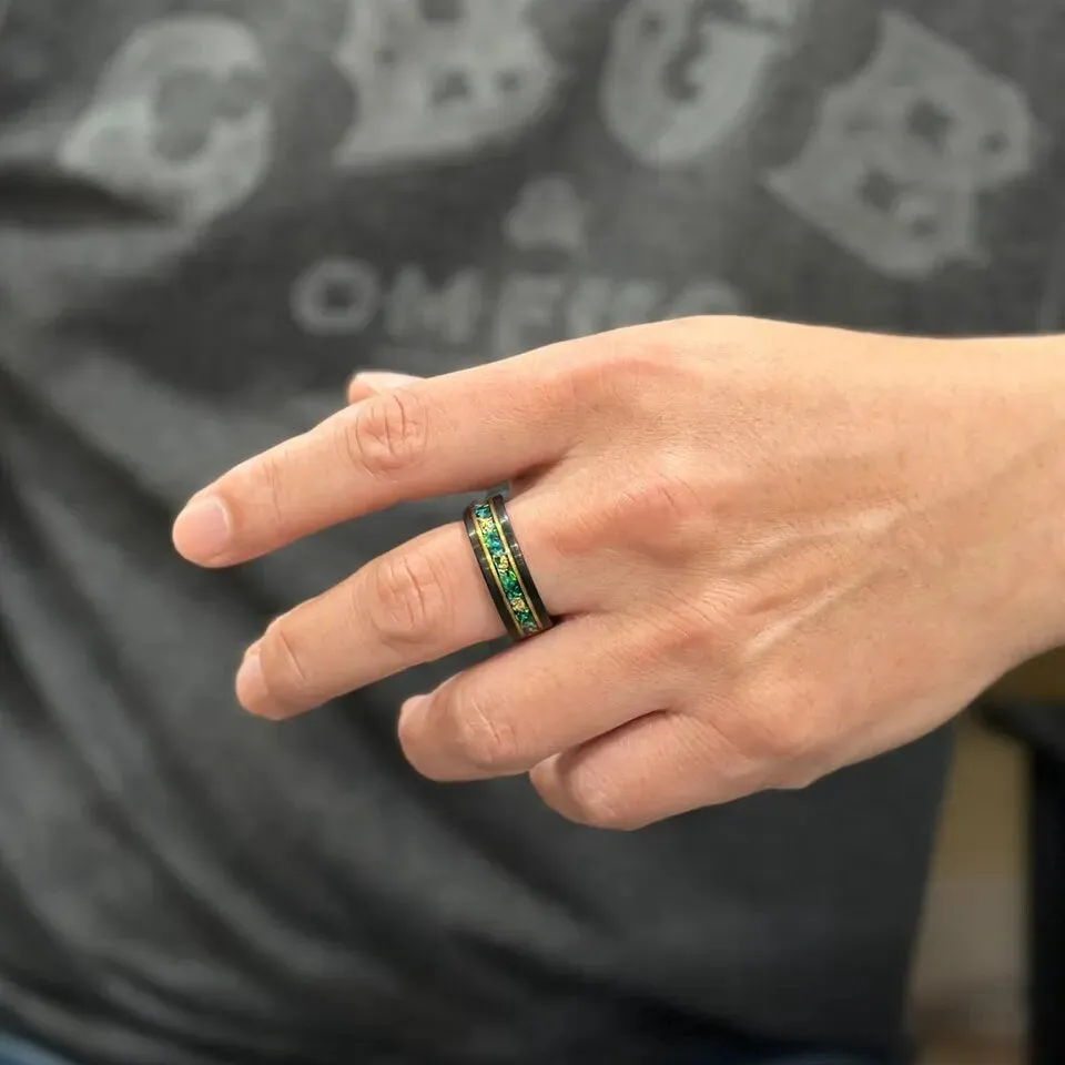 Mens Engagement Style Ring | Unique Green Opal w/ Gold Foil Leaf | Minimalist Ring Band for Boys | Statement Rings | 8mm Width