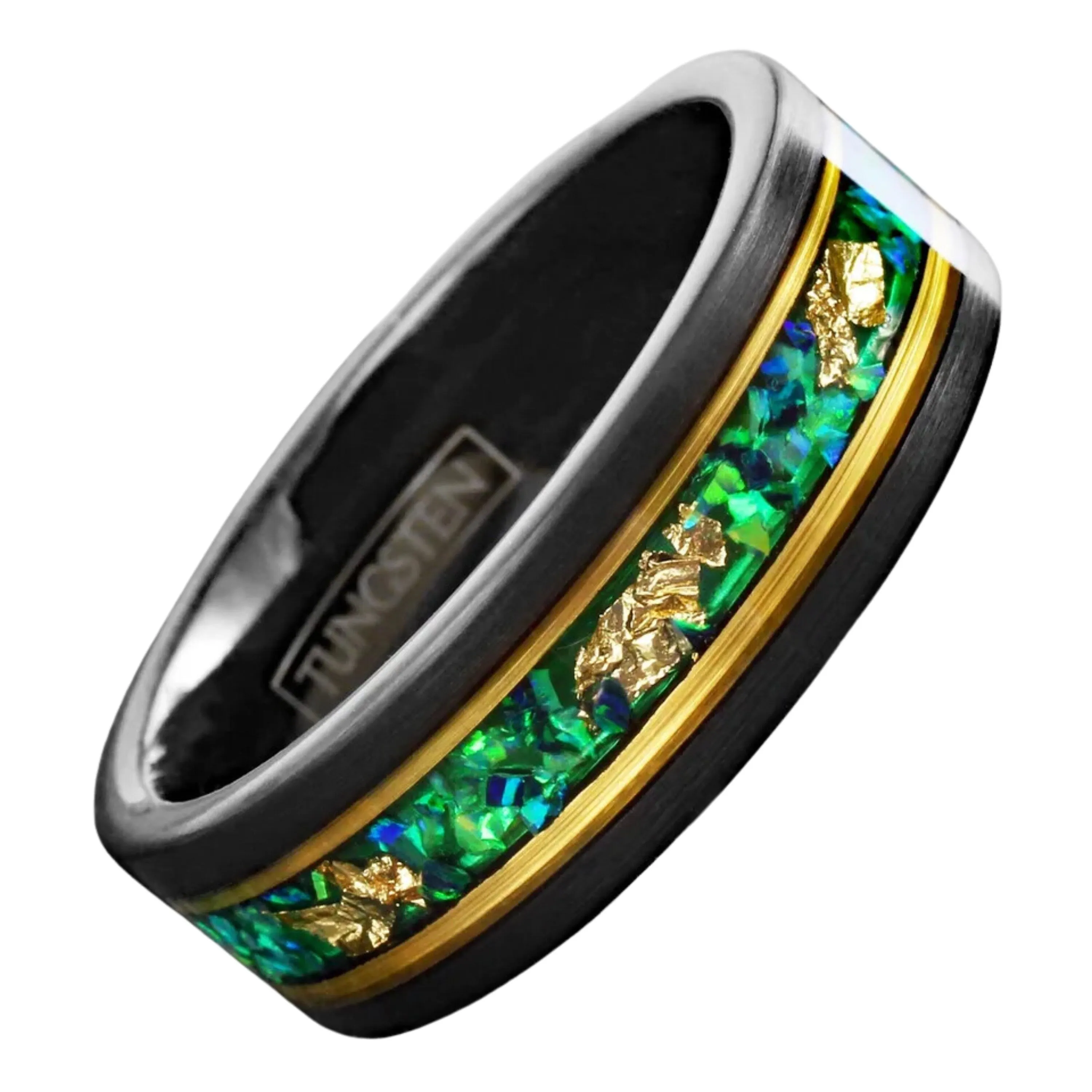 Mens Engagement Style Ring | Unique Green Opal w/ Gold Foil Leaf | Minimalist Ring Band for Boys | Statement Rings | 8mm Width