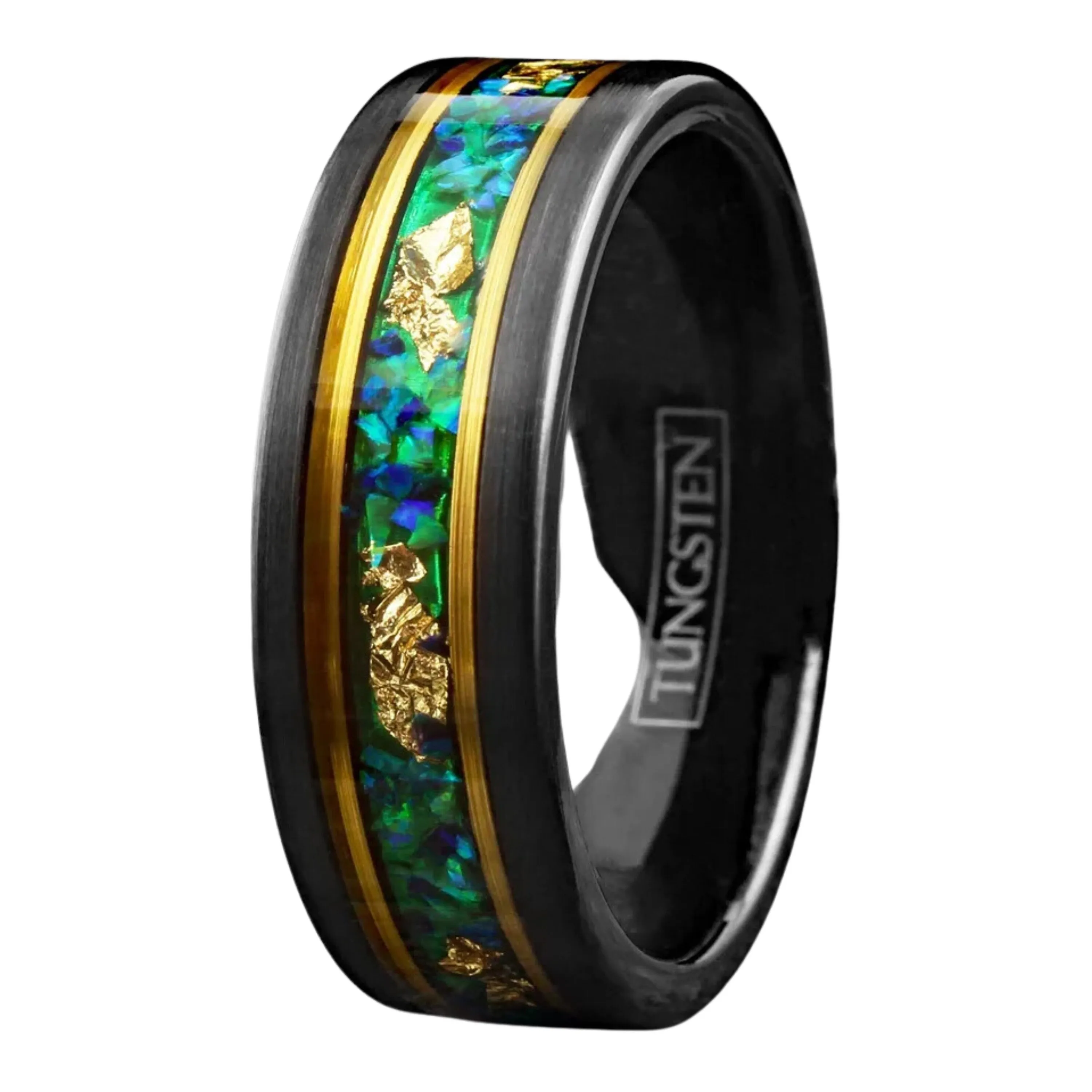 Mens Engagement Style Ring | Unique Green Opal w/ Gold Foil Leaf | Minimalist Ring Band for Boys | Statement Rings | 8mm Width