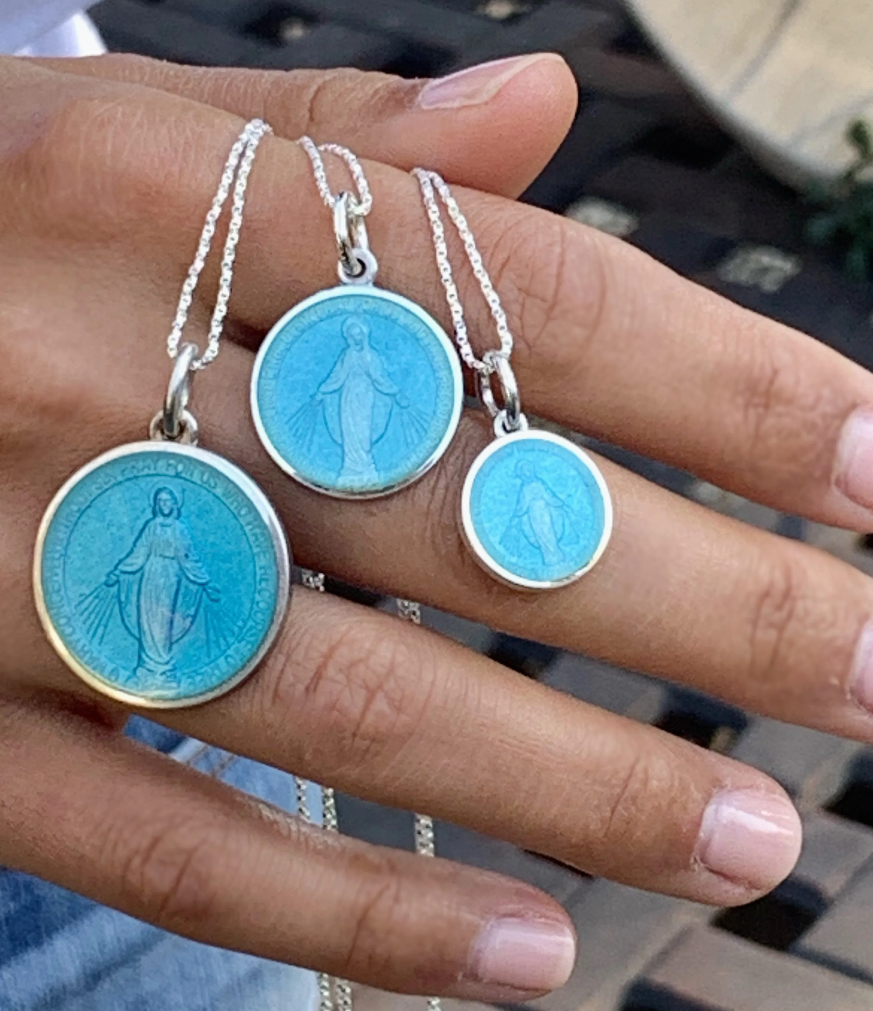 Miraculous Medal in Sterling Silver with Light Blue Enamel (3 Sizes)