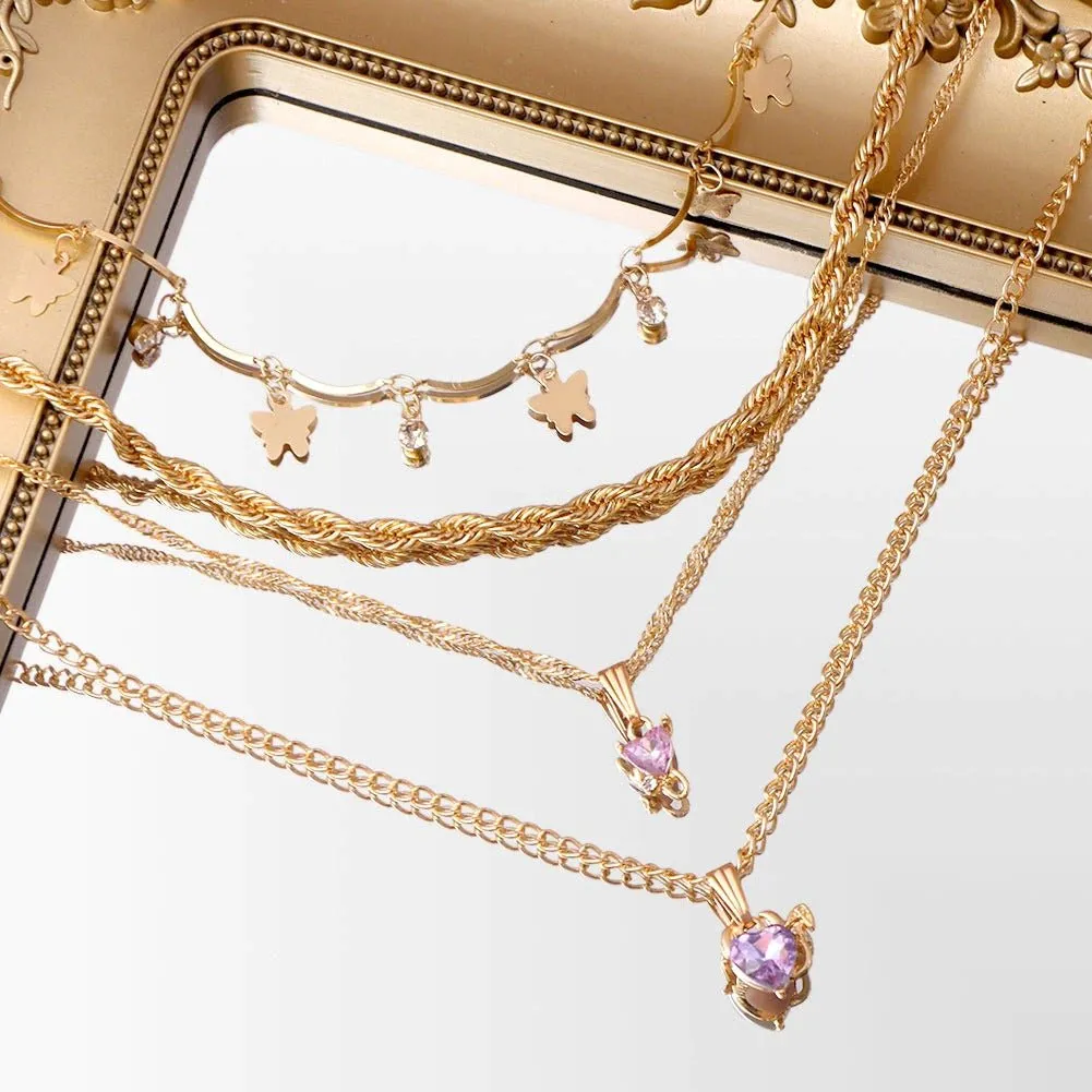 Multi-layer Butterfly Heart Crystal Pendant Twisted Gold Chain Necklace