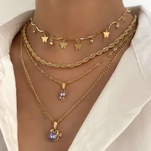 Multi-layer Butterfly Heart Crystal Pendant Twisted Gold Chain Necklace