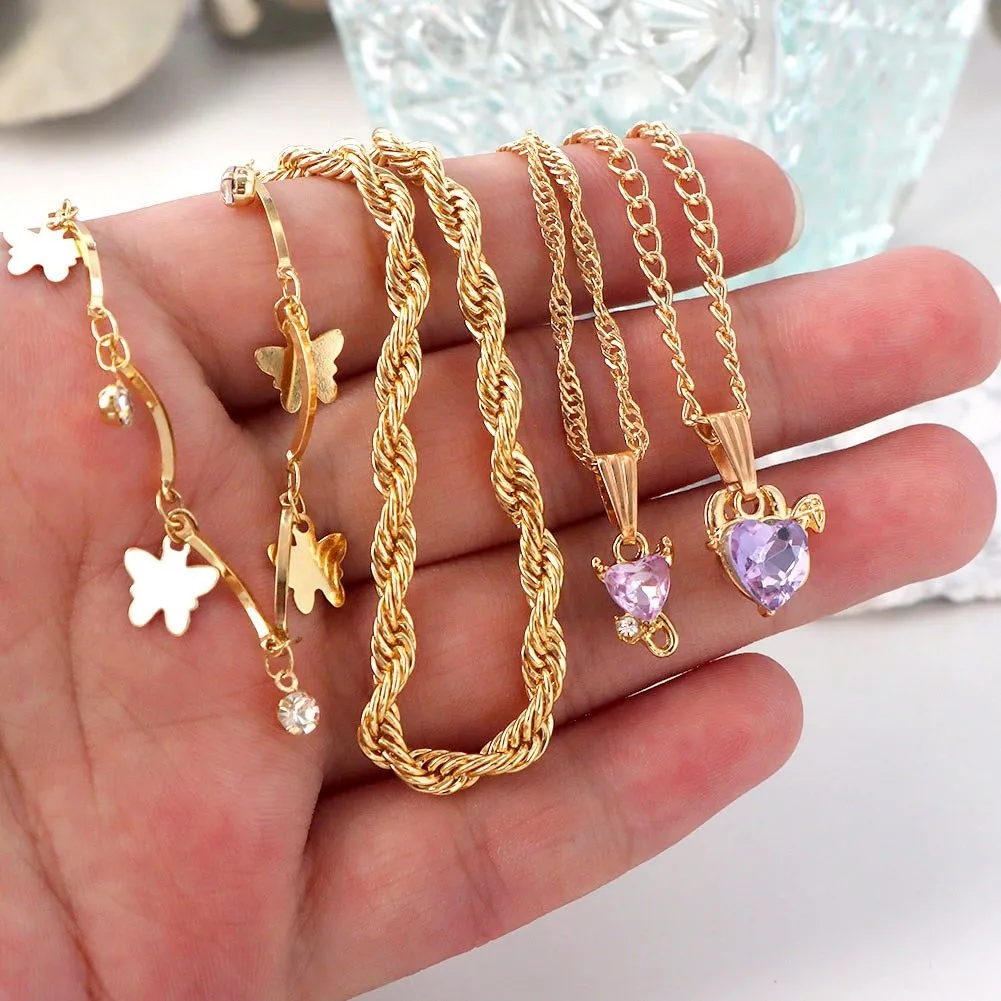 Multi-layer Butterfly Heart Crystal Pendant Twisted Gold Chain Necklace