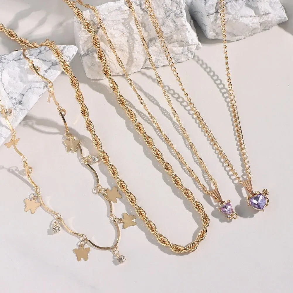 Multi-layer Butterfly Heart Crystal Pendant Twisted Gold Chain Necklace