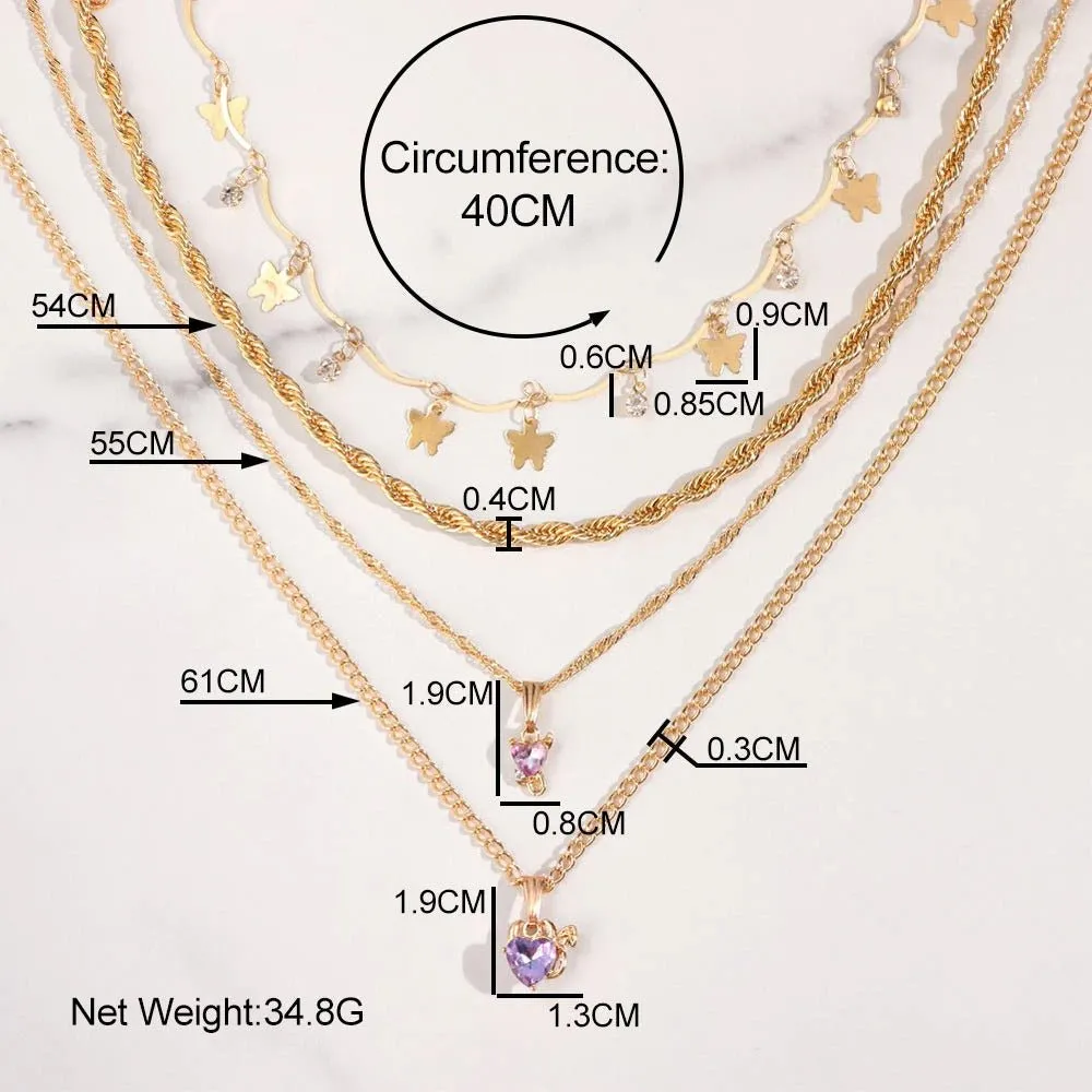 Multi-layer Butterfly Heart Crystal Pendant Twisted Gold Chain Necklace