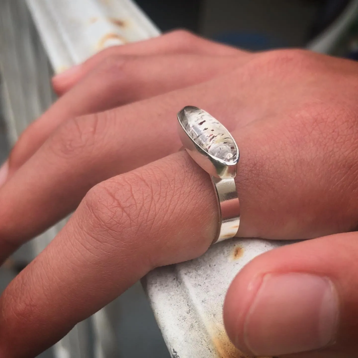 Oblong Pyrite included quartz ring