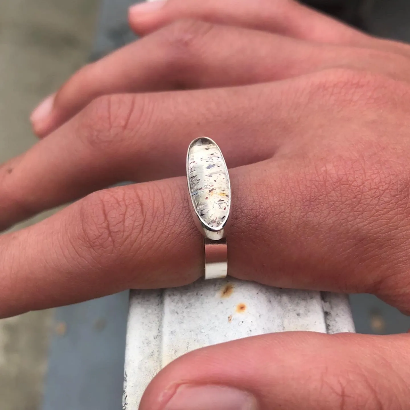 Oblong Pyrite included quartz ring