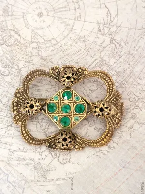 Old World Style Stamped Brass Brooch with Green Rhinestones