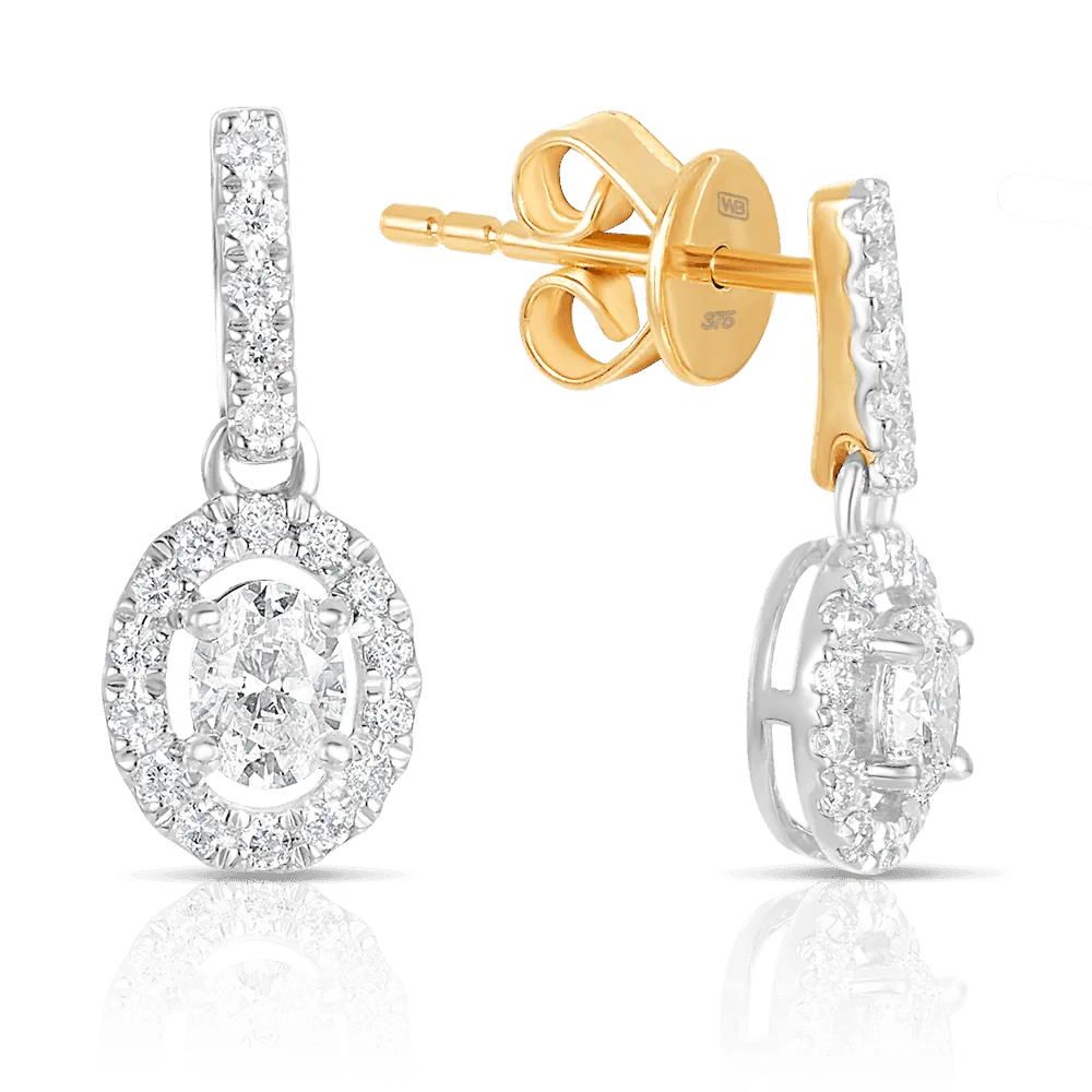Oval Diamond Drop Earrings in 9ct Yellow and White Gold TGW 0.50ct