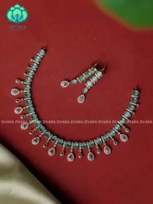 PASTEL GREEN- Tear and oval  - stylish and minimal elegant neckwear with earrings- Zivara Fashion