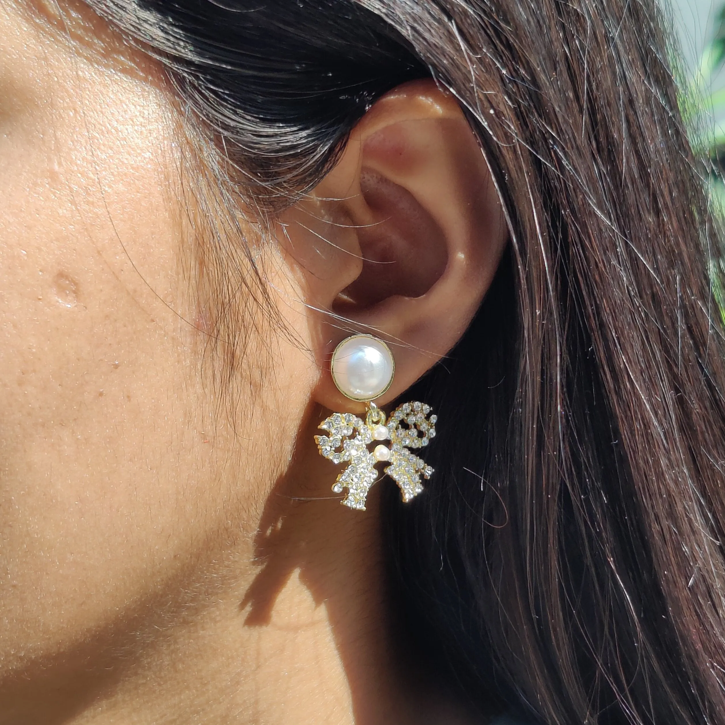Pearl & Crystal Bow Drop Earrings by Rusty