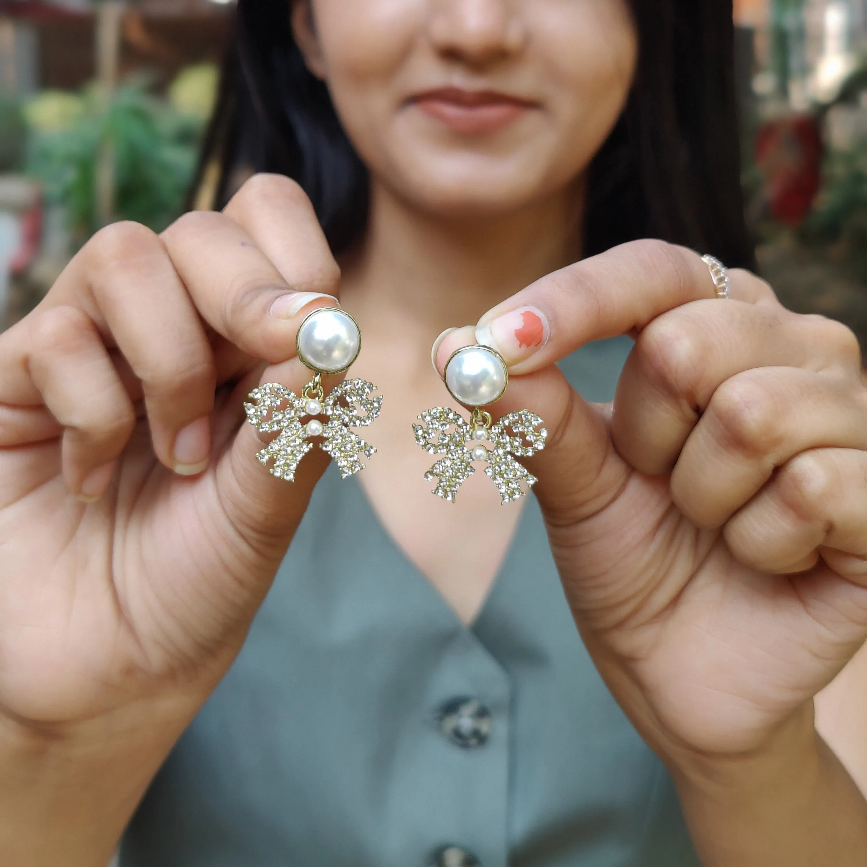 Pearl & Crystal Bow Drop Earrings by Rusty