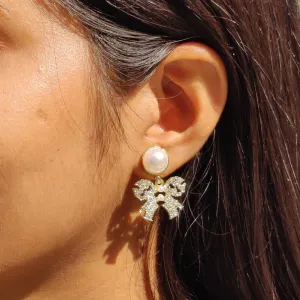 Pearl & Crystal Bow Drop Earrings by Rusty