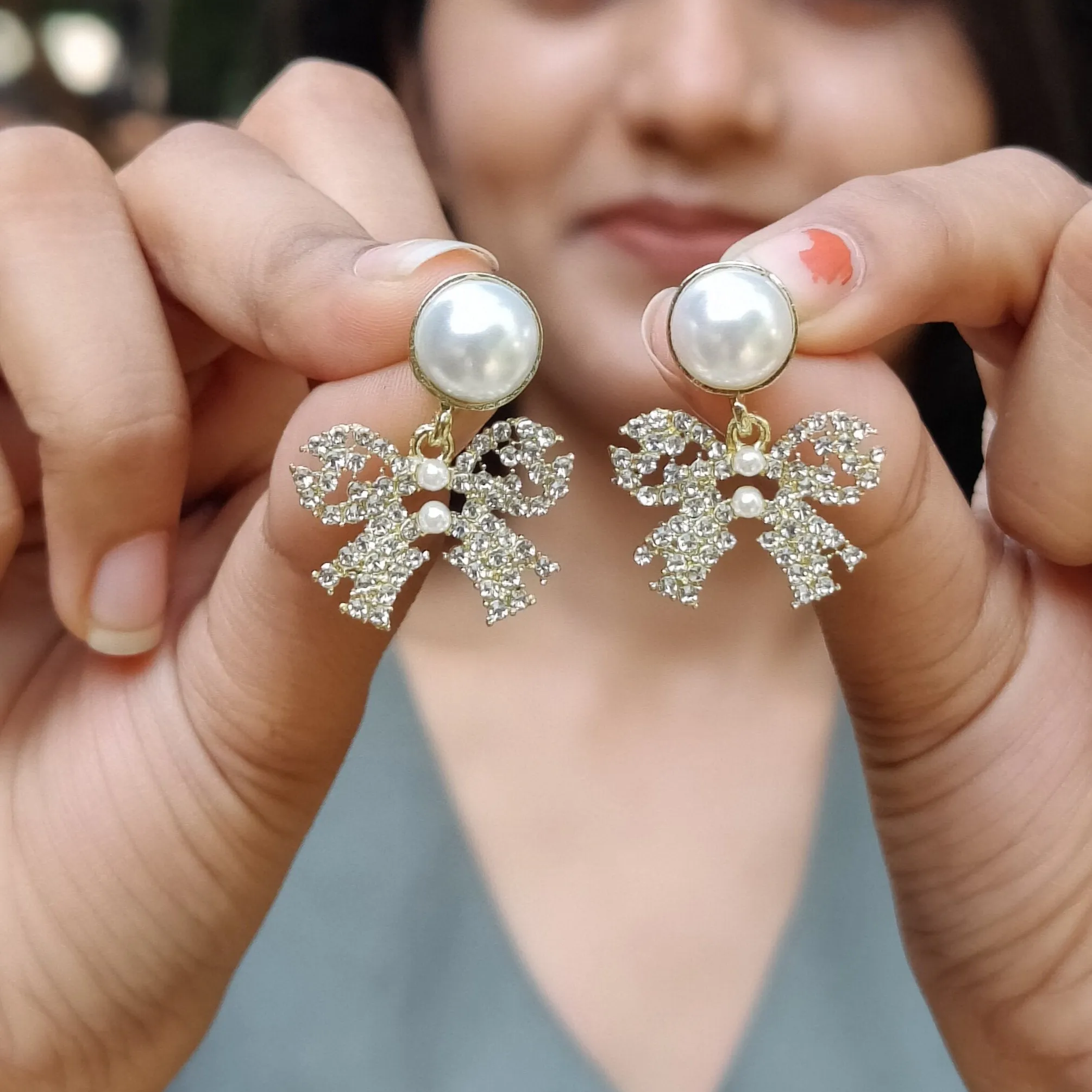 Pearl & Crystal Bow Drop Earrings by Rusty