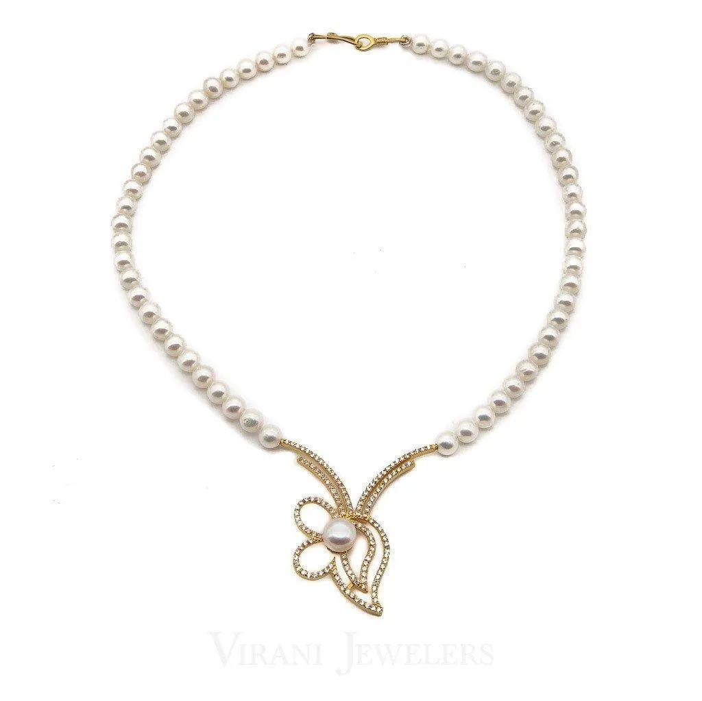 Pearl Necklace & Earring Set Set in 22K Yellow Gold W/ Cubic Zirconia Stones