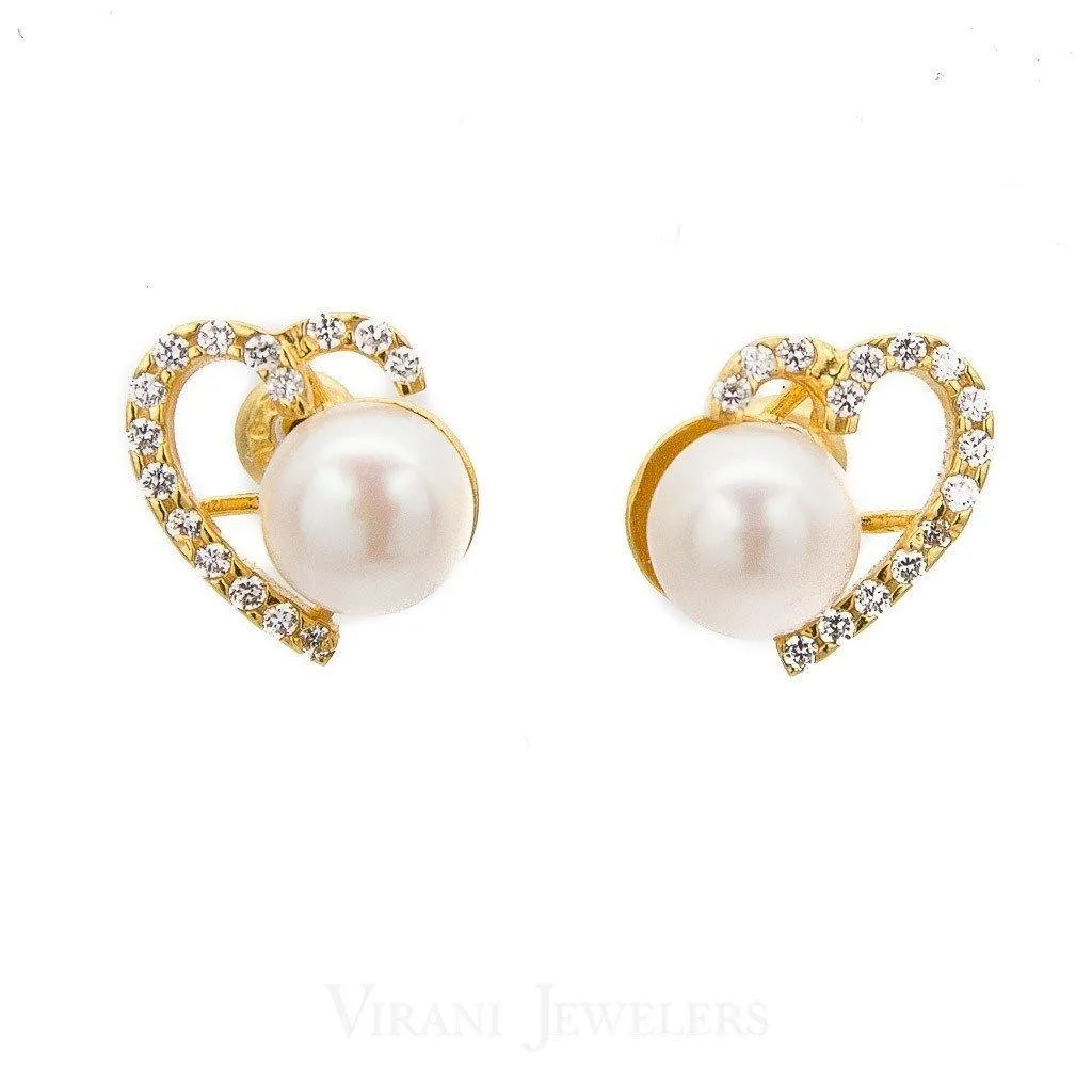 Pearl Necklace & Earring Set Set in 22K Yellow Gold W/ Cubic Zirconia Stones