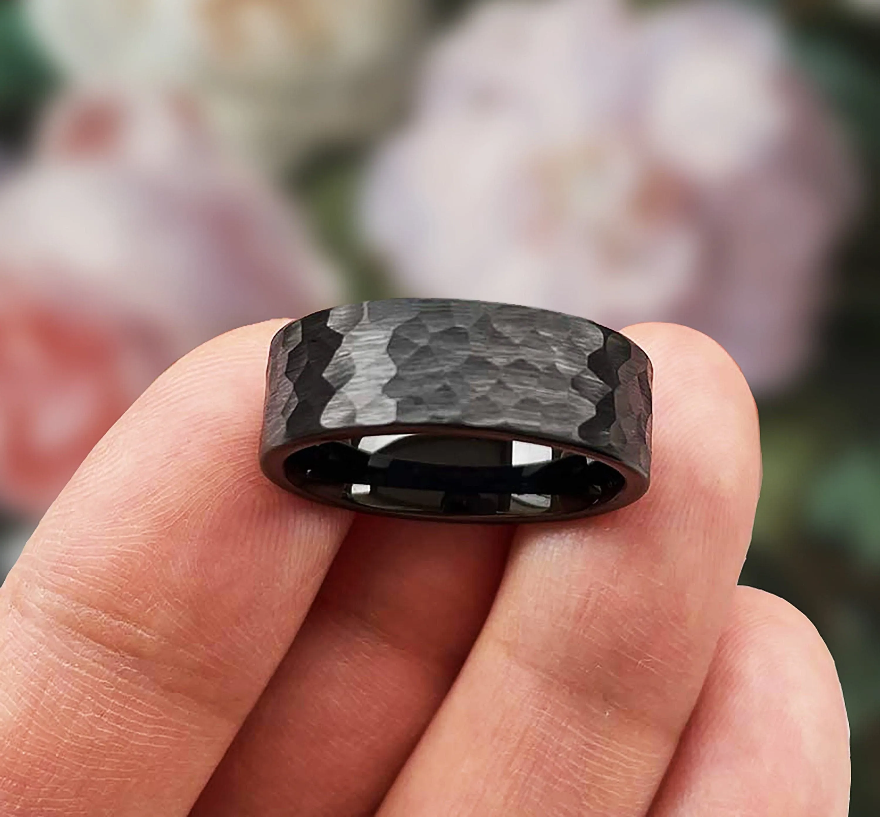Personalized Hammered Domed Tungsten Wedding Ring, Black Wedding Ring, Mens Engagement Ring, Multifaceted Promise Ring 8mm Hammered Finish