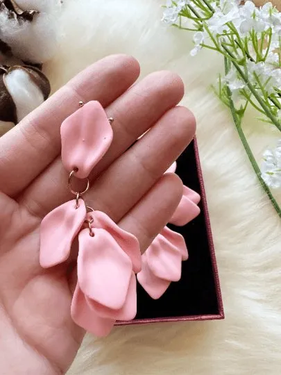 Pink - Baby soft pink petals earrings| unique flower earrings | matte frosted dangle earrings| bridal party wedding earrings