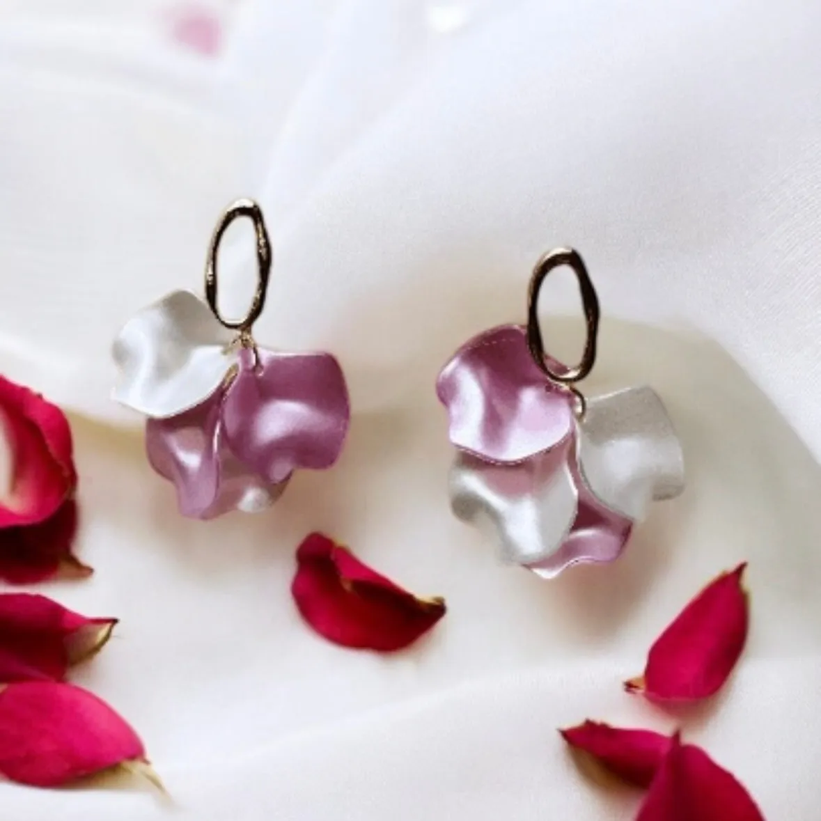 Pink - pearl flower earrings | dangly earrings | frosted petals hoop oversize statement | golden disc geometric floral lightweight