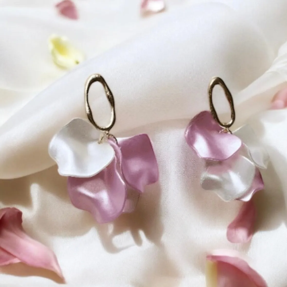 Pink - pearl flower earrings | dangly earrings | frosted petals hoop oversize statement | golden disc geometric floral lightweight