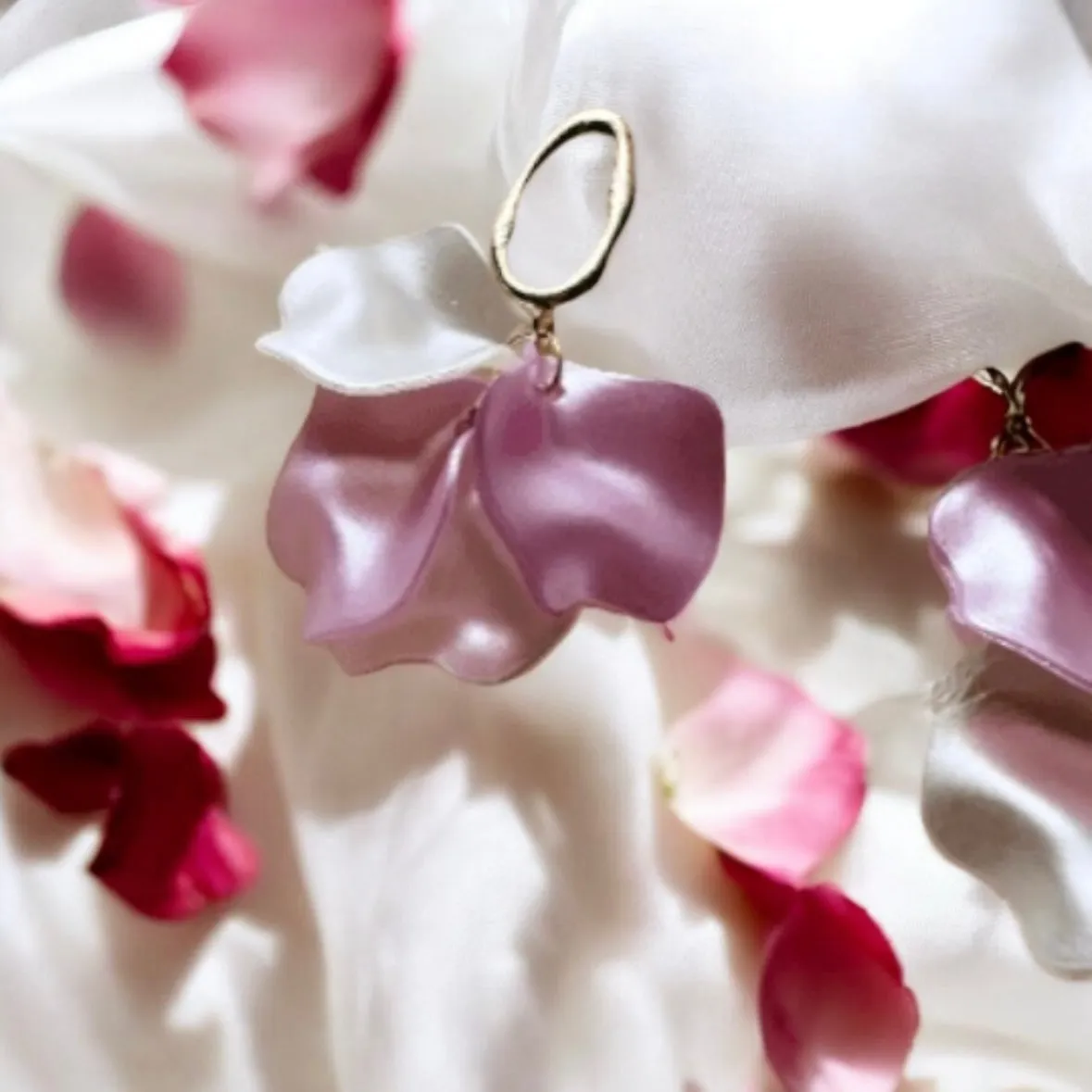 Pink - pearl flower earrings | dangly earrings | frosted petals hoop oversize statement | golden disc geometric floral lightweight