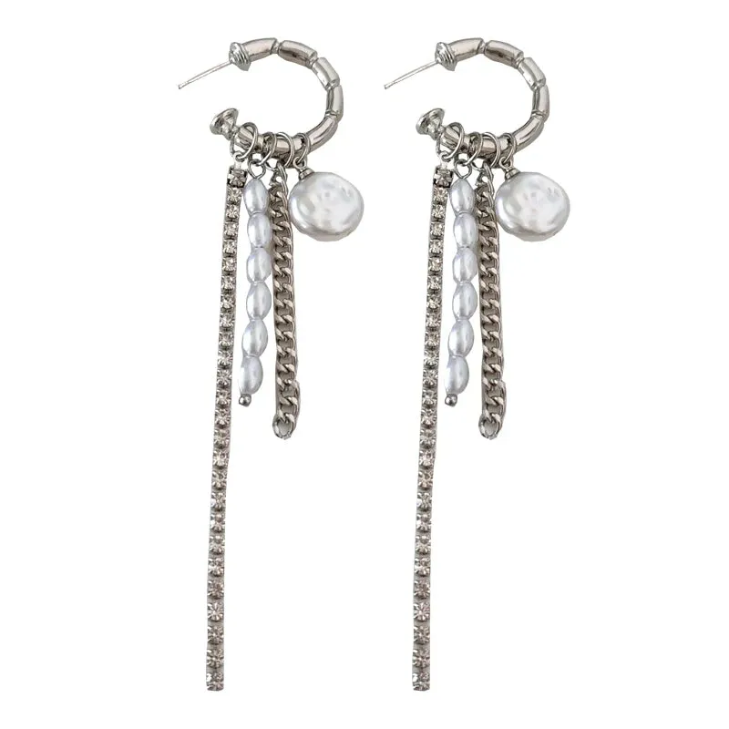 Round Bar Tassel Pearl Earrings