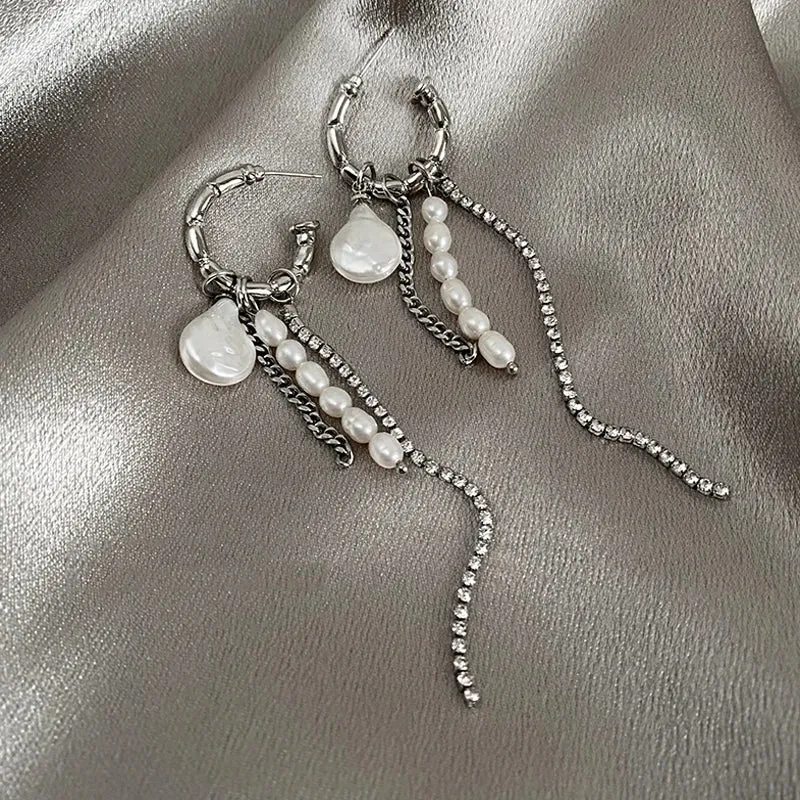 Round Bar Tassel Pearl Earrings