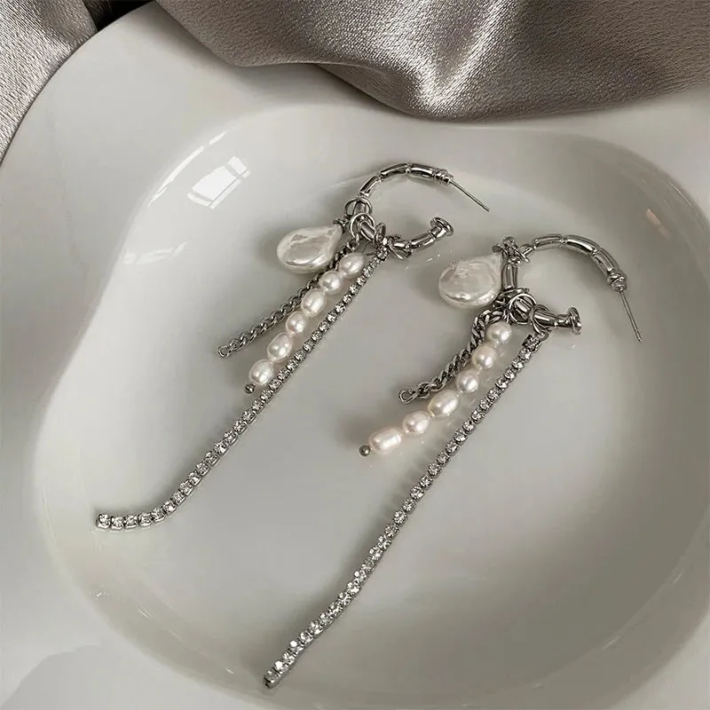 Round Bar Tassel Pearl Earrings