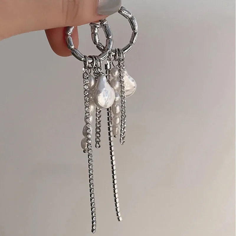 Round Bar Tassel Pearl Earrings
