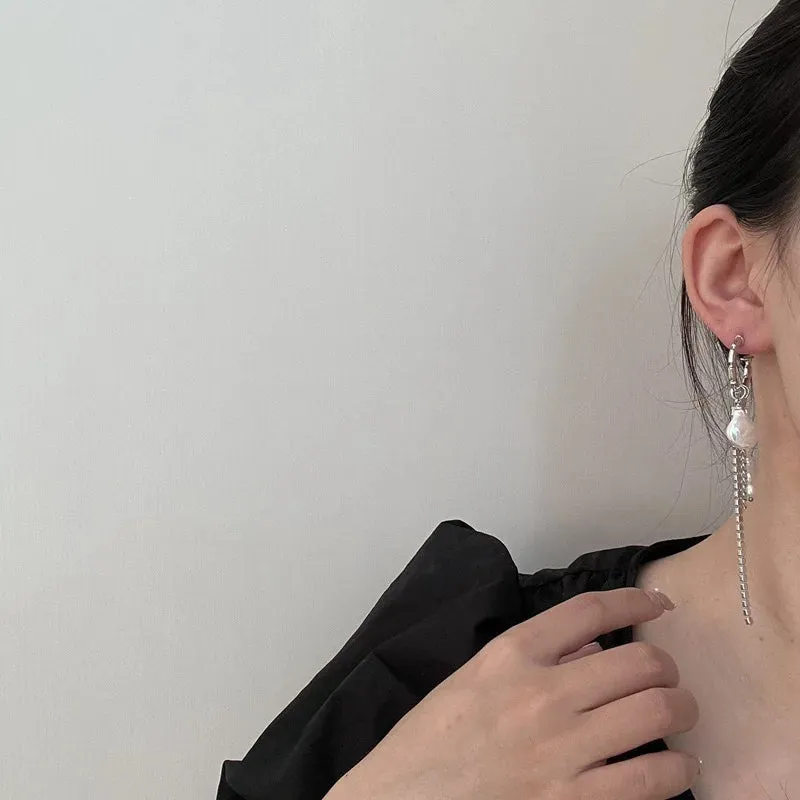 Round Bar Tassel Pearl Earrings