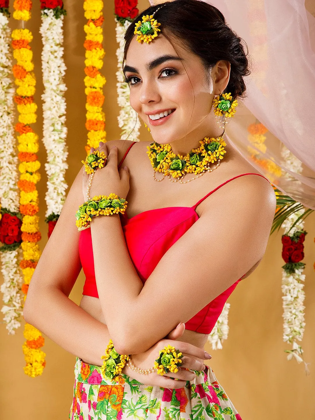 Rubans Yellow & Green Floral Haldi Wedding Necklace Jewellery Set