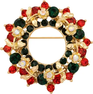 SELOVO Cute Jewelry Wreath Red Green Rhinestone Pin Brooch for Women Gold Tone
