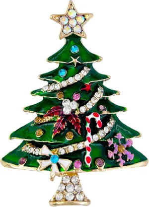 SELOVO Green Crystal Rhinestone Christmas Tree Shape Star Brooch Pin Gold Tone