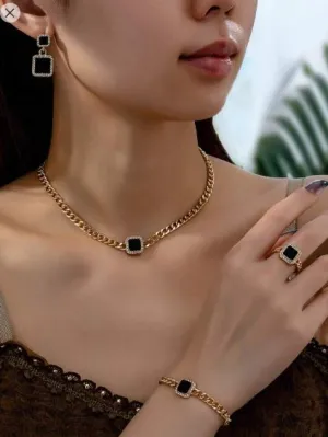 Shein Enamel Diamond Inlaid Square Pendant Necklace, Bracelet, Earrings & Ring Set /