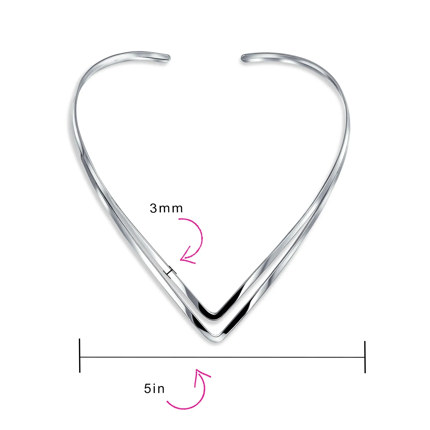 Simple Double V Shape Geometric Choker Necklace Sterling Silver Statement Collar