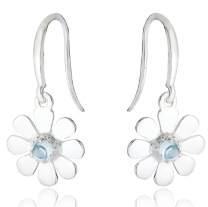 Sterling Silver Daisy, blue topaz necklace earring set.