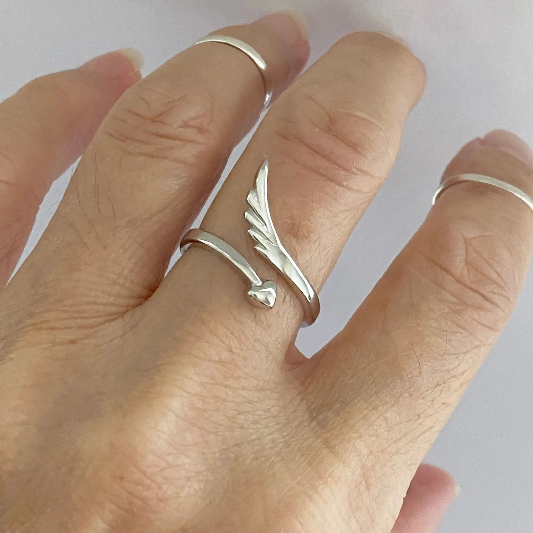 Sterling Silver Delicate Wraparound Heart and Angel Wing Ring, Silver Rings, Heart Ring