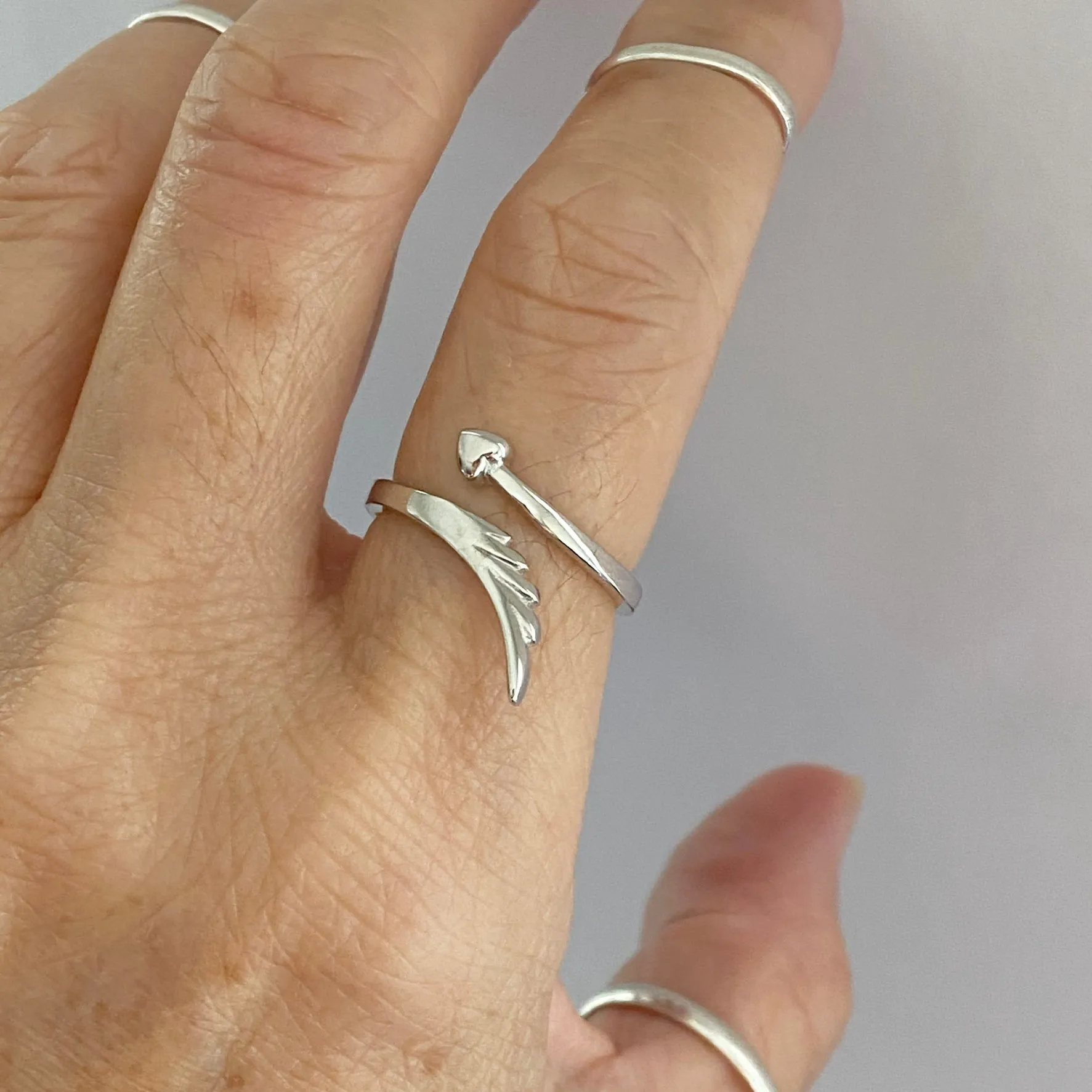 Sterling Silver Delicate Wraparound Heart and Angel Wing Ring, Silver Rings, Heart Ring