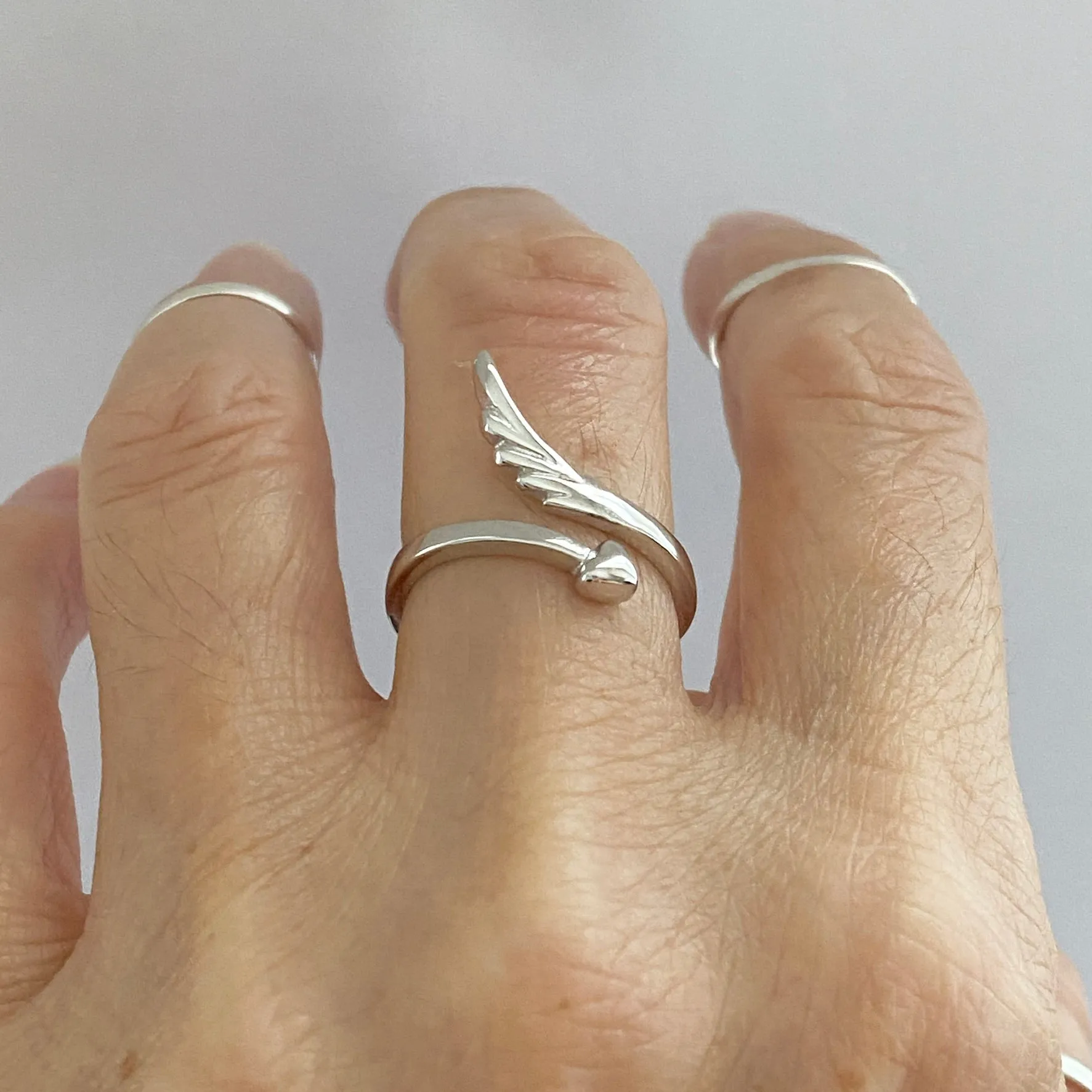 Sterling Silver Delicate Wraparound Heart and Angel Wing Ring, Silver Rings, Heart Ring