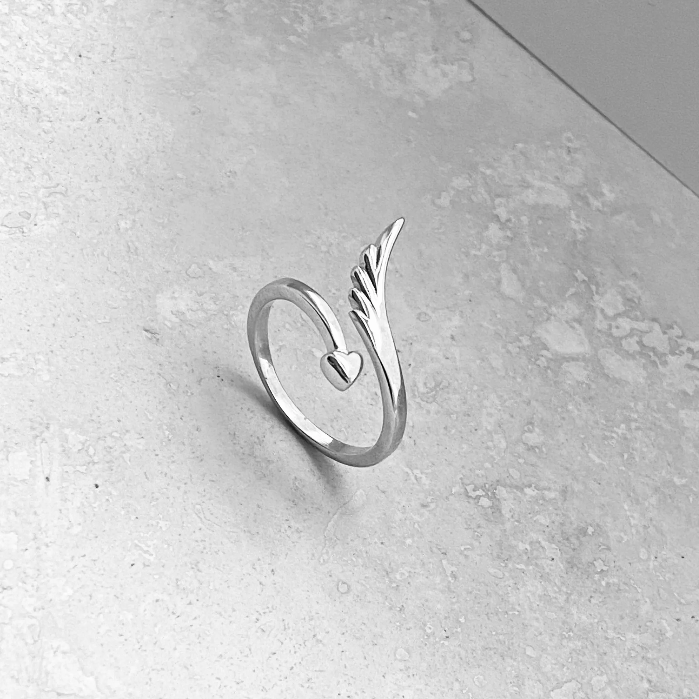 Sterling Silver Delicate Wraparound Heart and Angel Wing Ring, Silver Rings, Heart Ring
