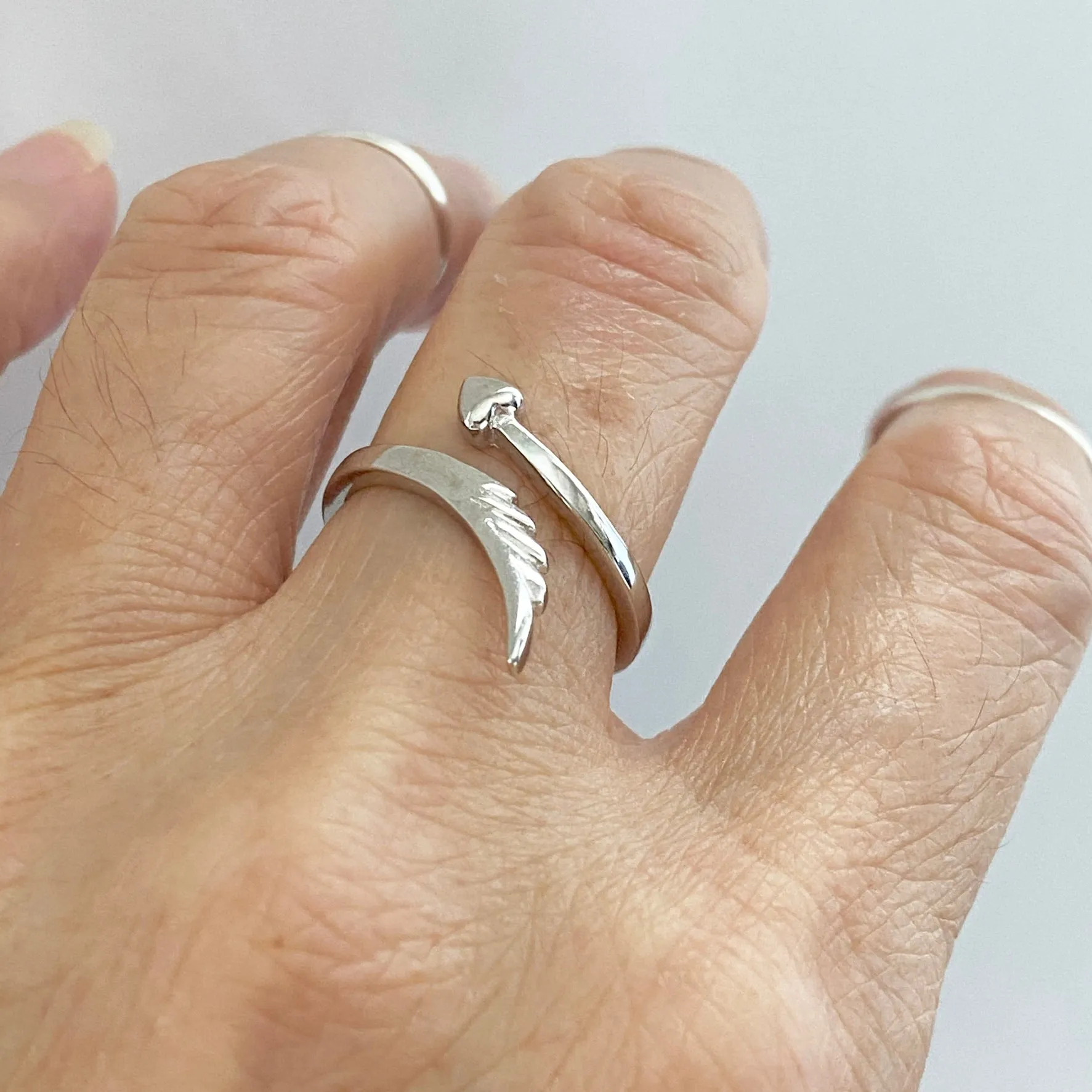 Sterling Silver Delicate Wraparound Heart and Angel Wing Ring, Silver Rings, Heart Ring