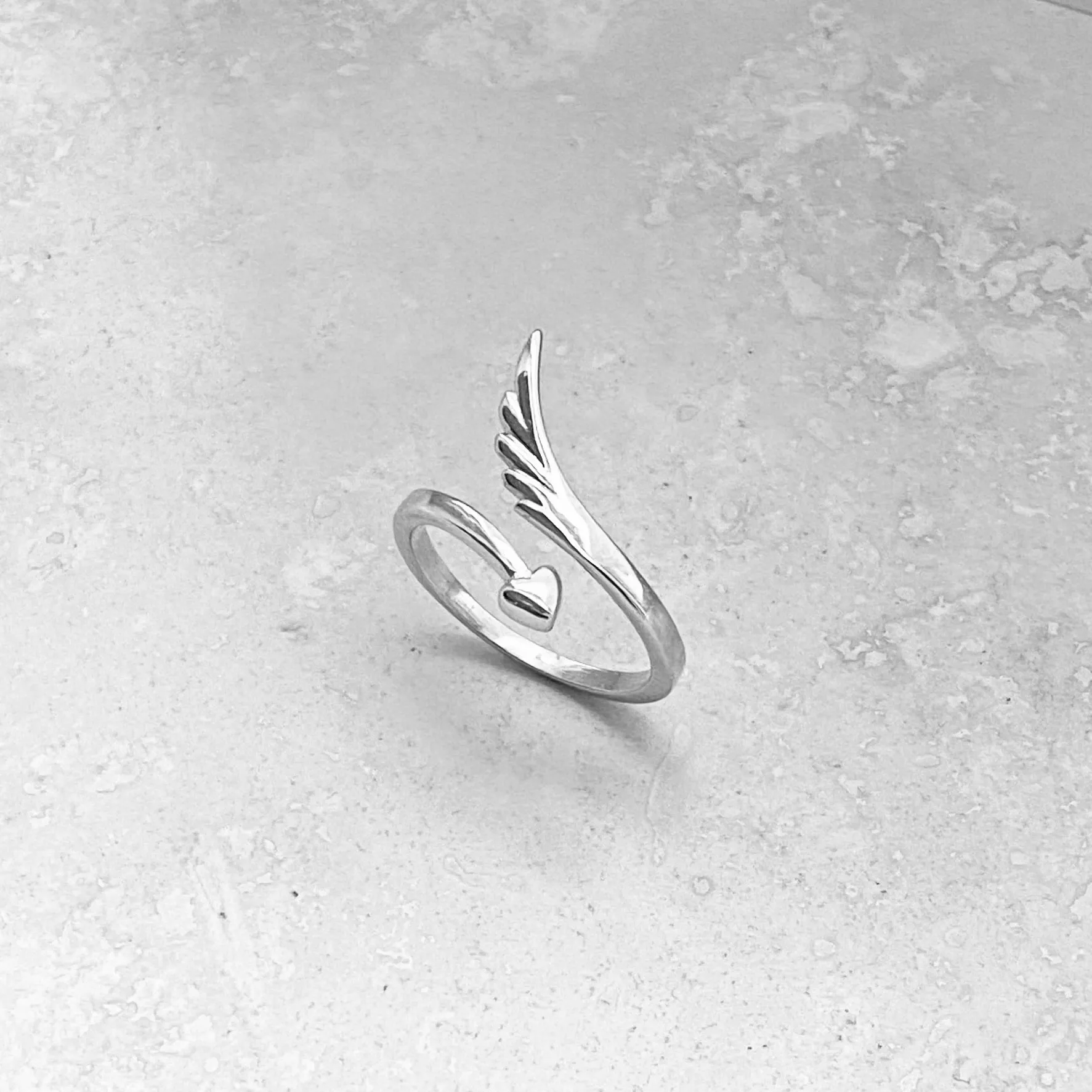 Sterling Silver Delicate Wraparound Heart and Angel Wing Ring, Silver Rings, Heart Ring