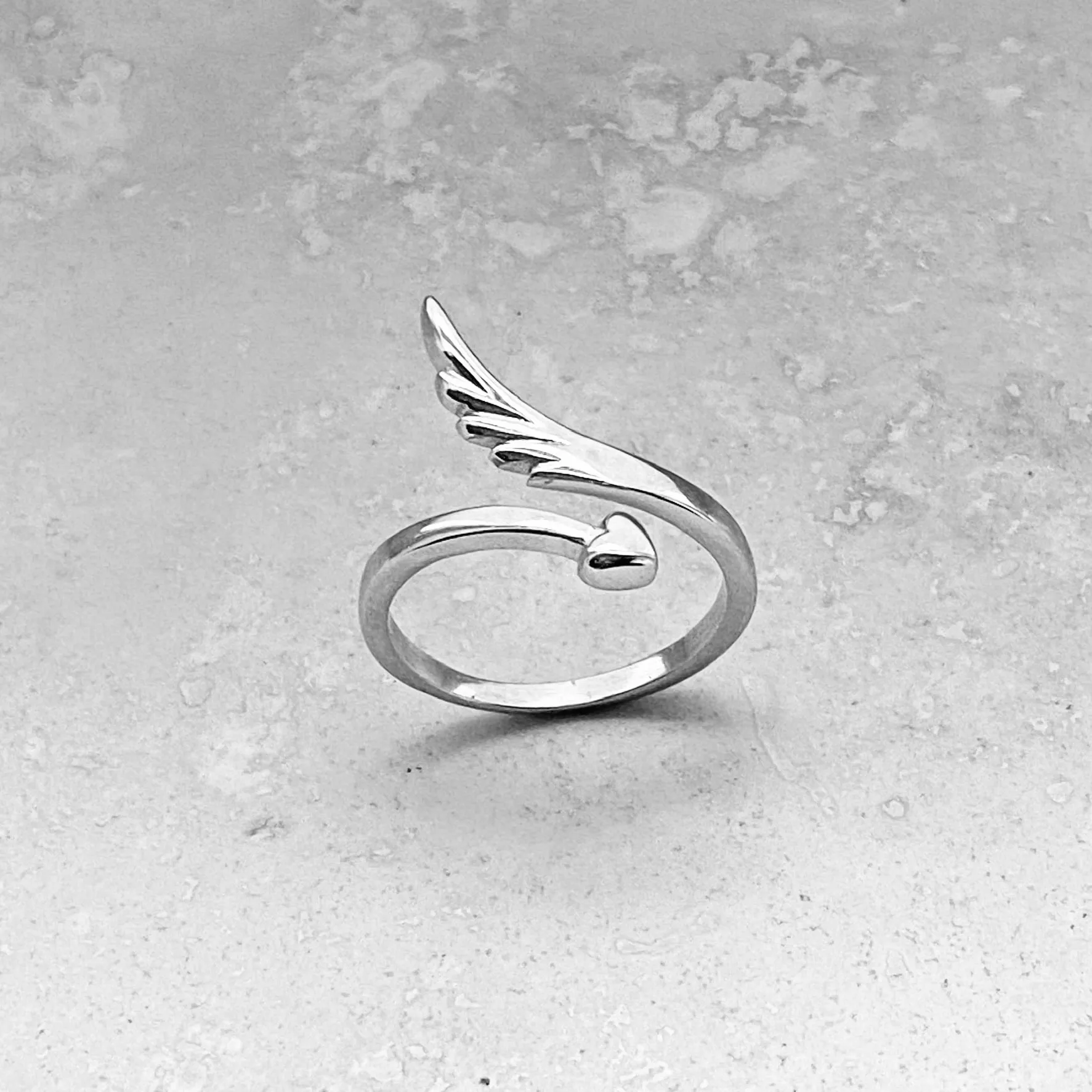 Sterling Silver Delicate Wraparound Heart and Angel Wing Ring, Silver Rings, Heart Ring