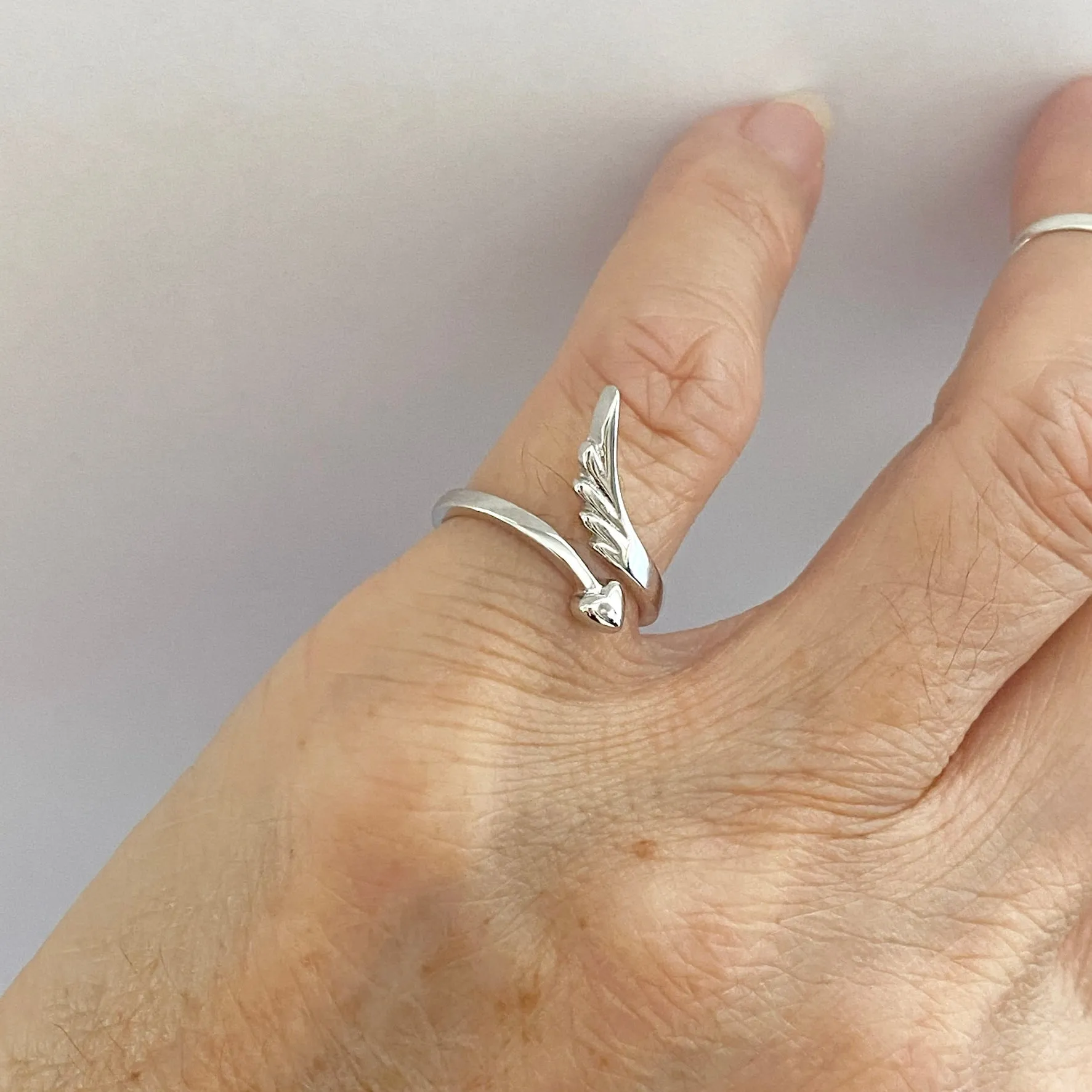 Sterling Silver Delicate Wraparound Heart and Angel Wing Ring, Silver Rings, Heart Ring