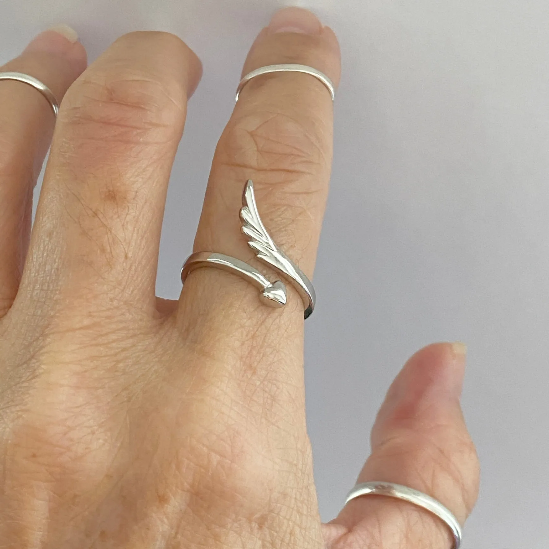 Sterling Silver Delicate Wraparound Heart and Angel Wing Ring, Silver Rings, Heart Ring