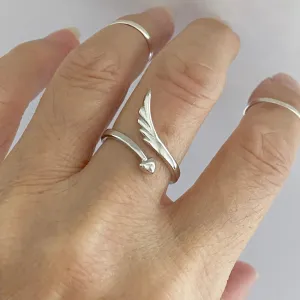 Sterling Silver Delicate Wraparound Heart and Angel Wing Ring, Silver Rings, Heart Ring