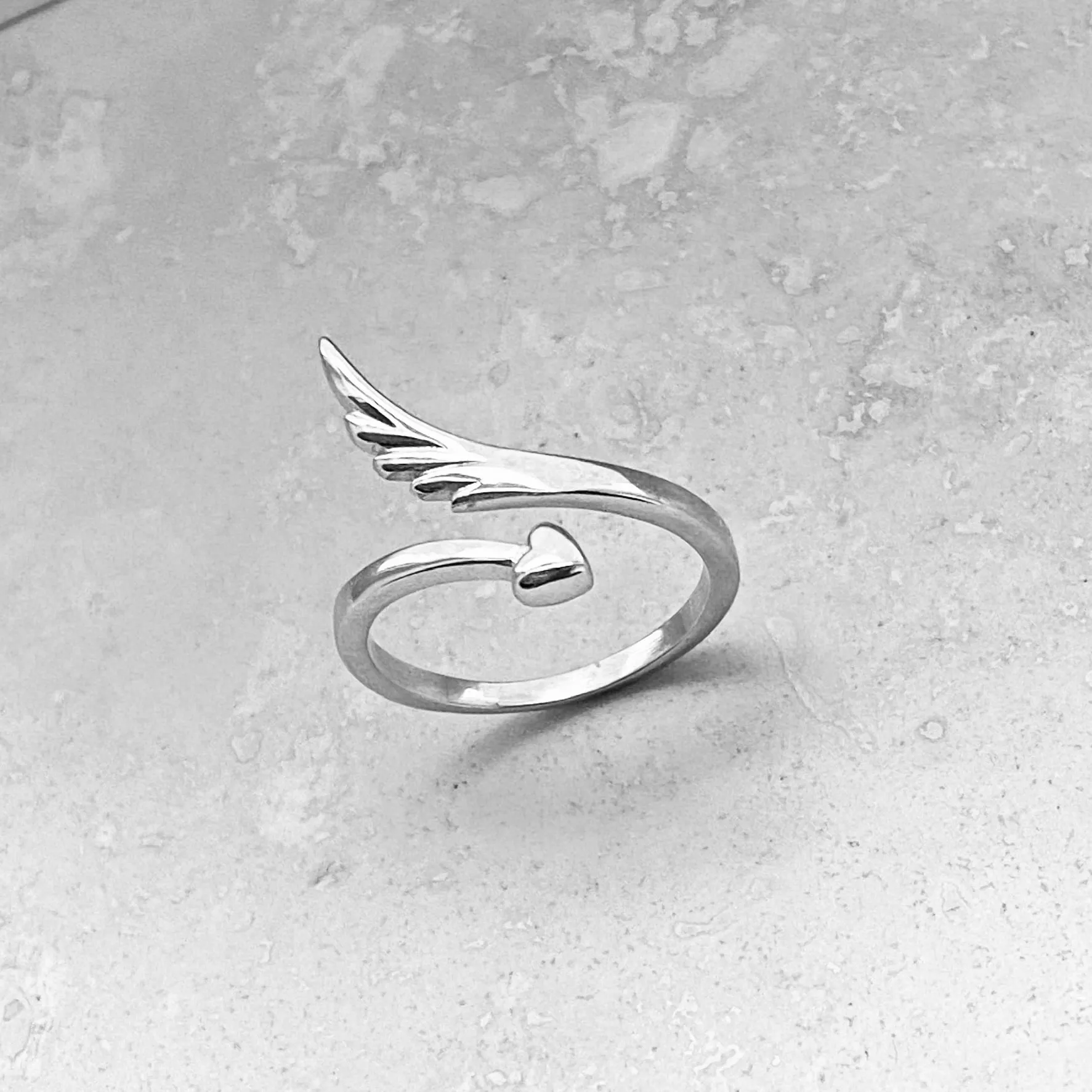 Sterling Silver Delicate Wraparound Heart and Angel Wing Ring, Silver Rings, Heart Ring